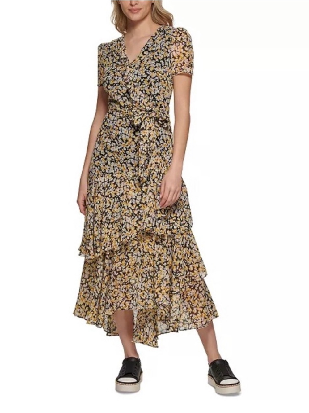 Karl Lagerfeld Yellow and Black Floral High-Low Tiered Dress size 6